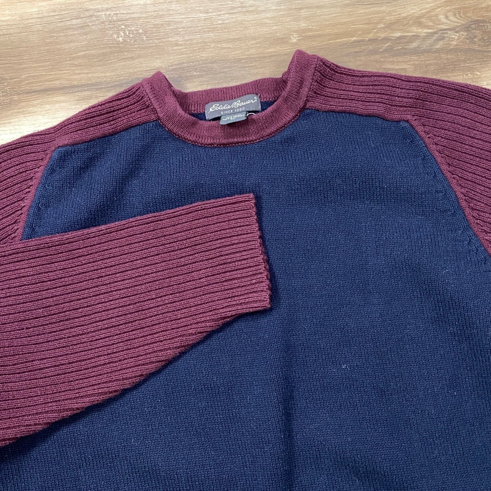 Eddie Bauer Sweater Mens XL Heritage 100% Cotton Raglan Colorblock Navy Burgundy